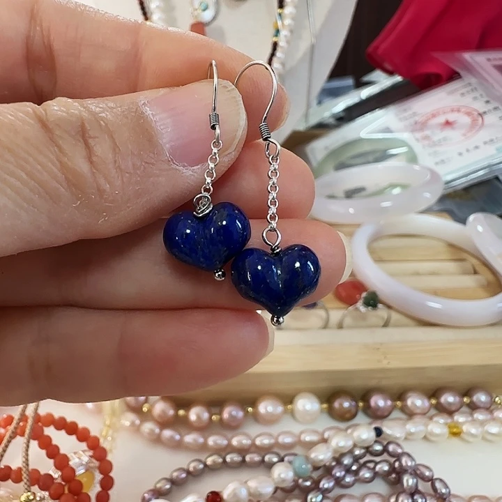 耳钩银S925镶嵌天青石卡12加青金屁桃有纹理