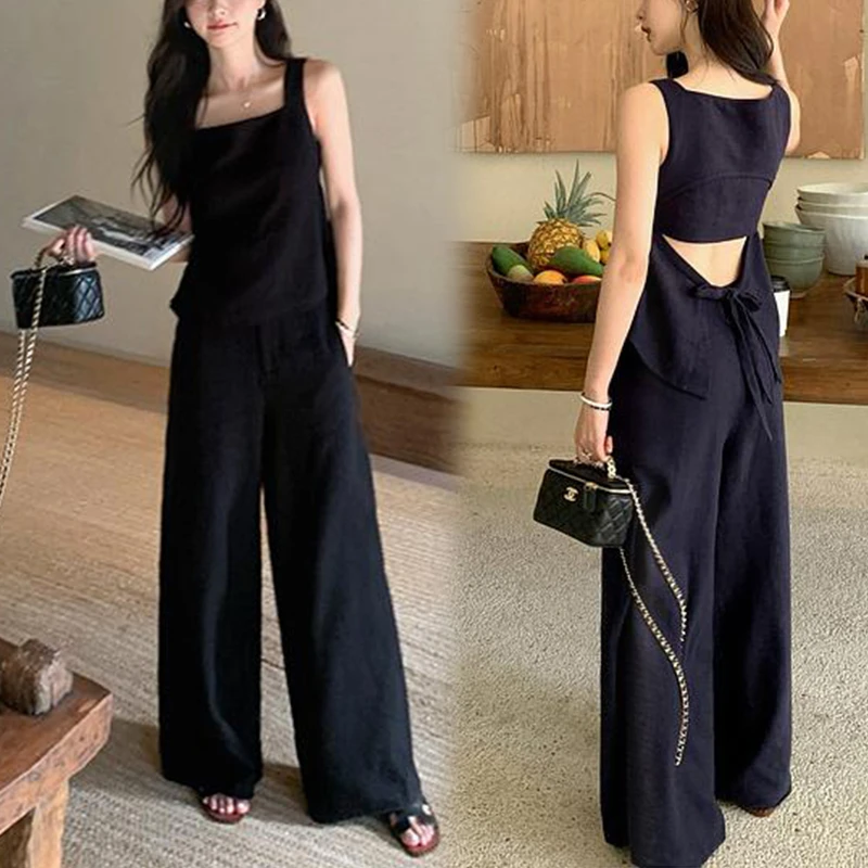 香朵儿高级气质套装2025夏季新款洋气绑带露背设计上衣西裤两件套