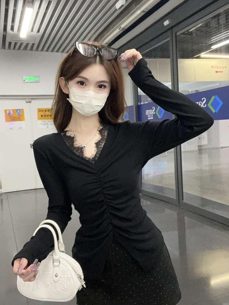 2025秋季新款胖mm大码女法式蕾丝边加绒加厚针织打底衫33417
