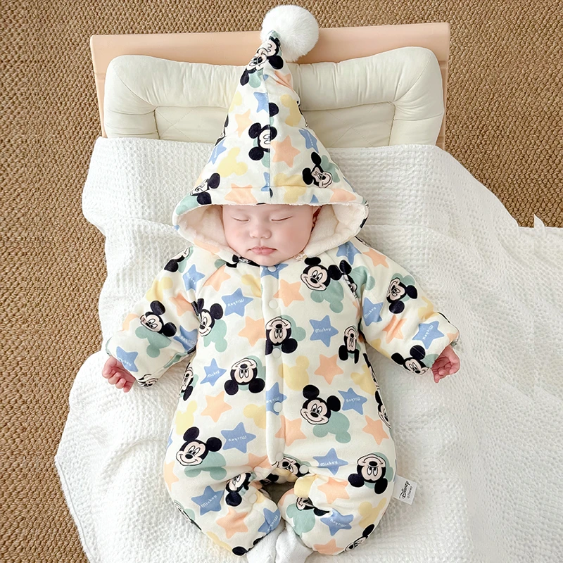 迪士尼婴儿连体衣冬装新生儿抱衣宝宝冬季加绒保暖棉衣外出服哈衣