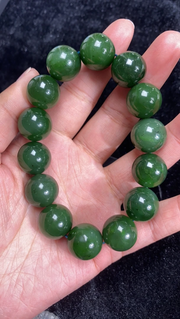 纯天然和田玉俄罗斯碧玉菠菜绿卡15➕圆珠