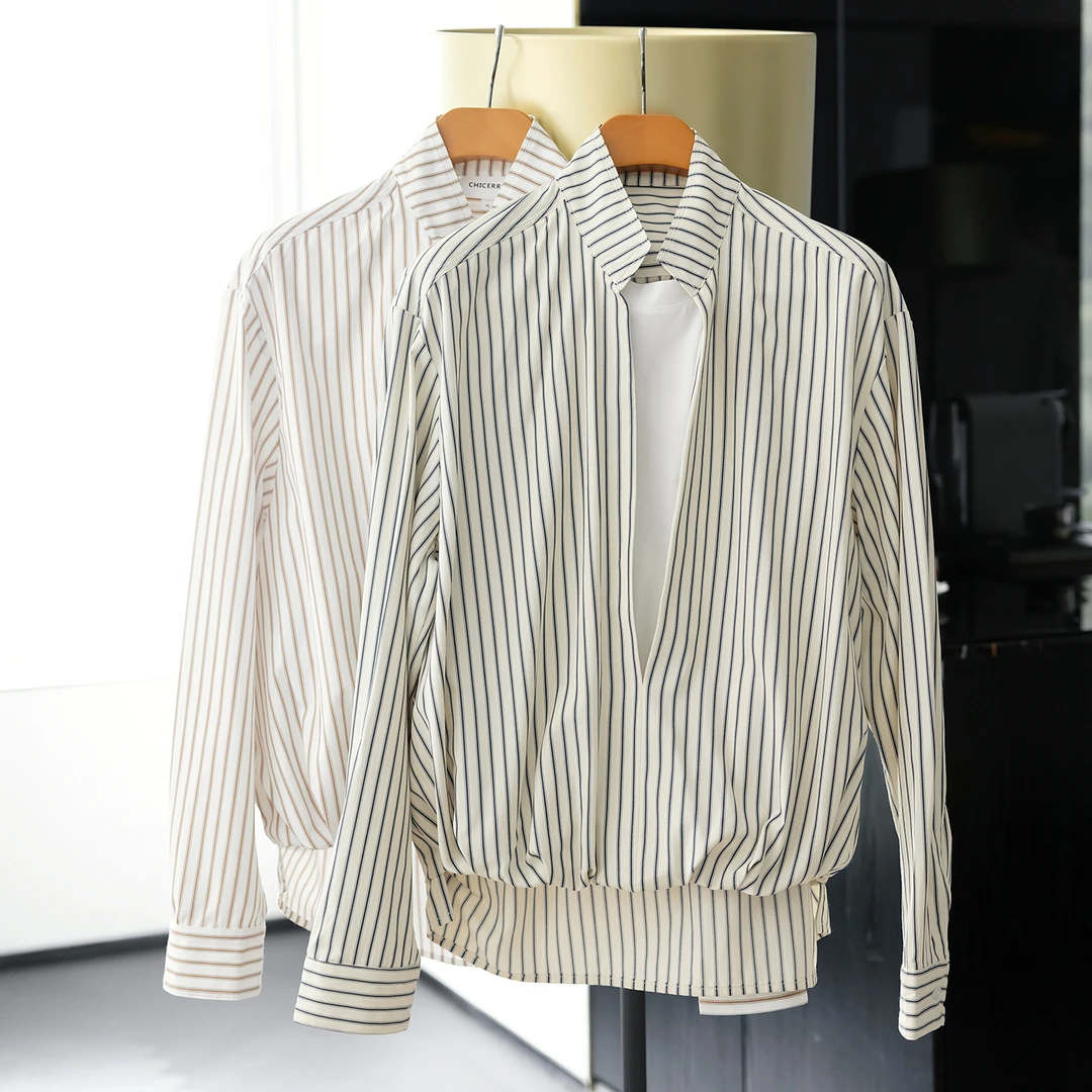 CHICERRO西西里男装高级感梭织条纹假两件立领长袖衬衫男轻奢百搭