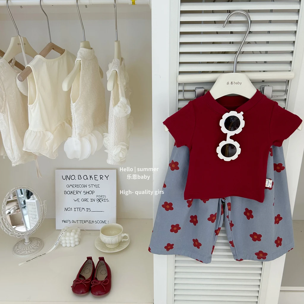 现【乐恩baby】女童夏季新款红色T恤花朵阔腿裤时髦洋气宝宝两件套
