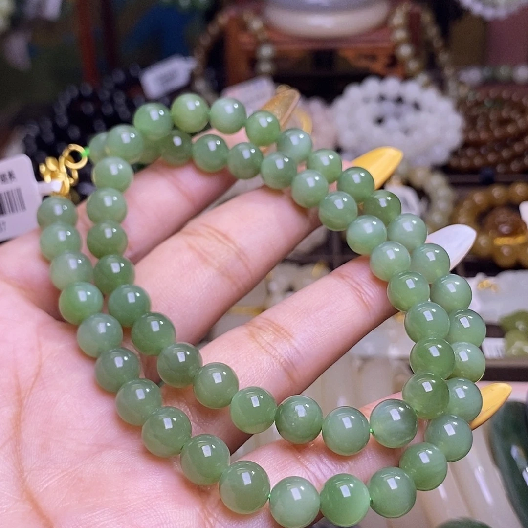 和田玉未镶嵌颈饰碧玉粉绿猫眼老料约8mm妈妈项链