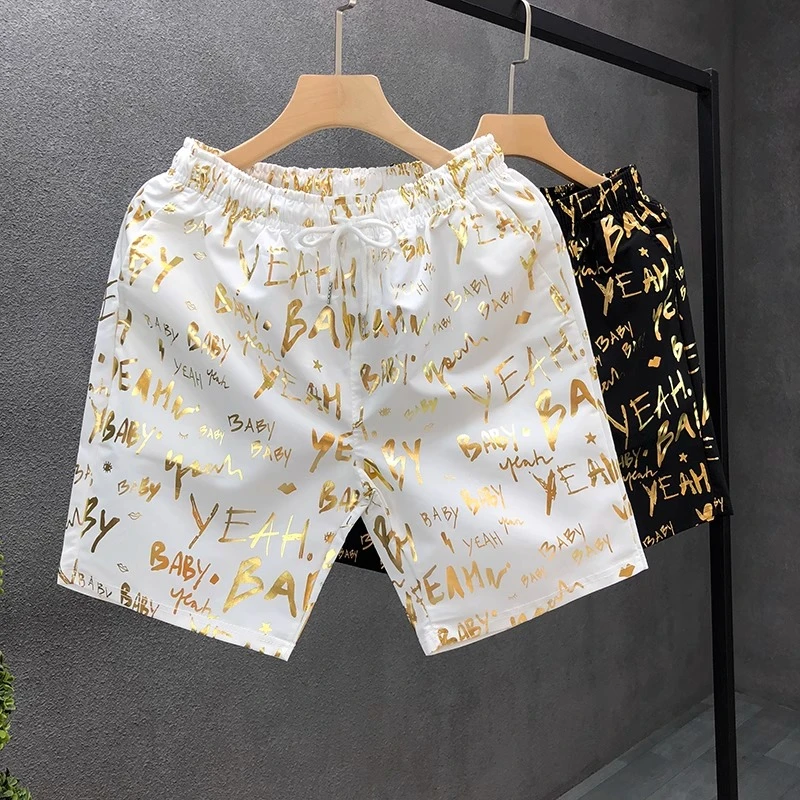 流行金色印花短裤男夏季薄款五分裤男士居家外穿沙滩裤百搭大裤衩