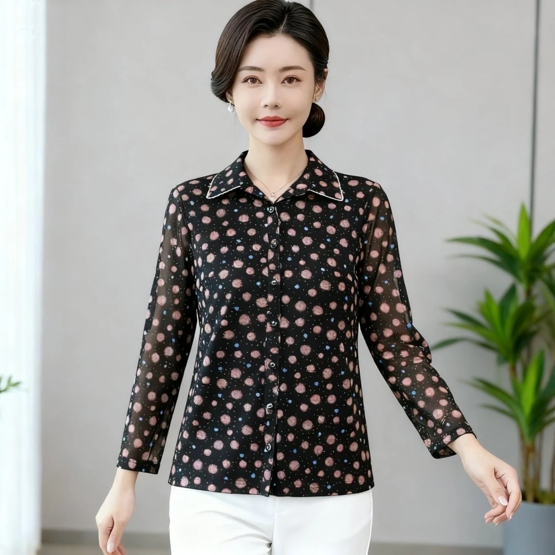 弹力时尚洋气春秋装中年女装速干台湾网纱修身开扣衬衫上衣