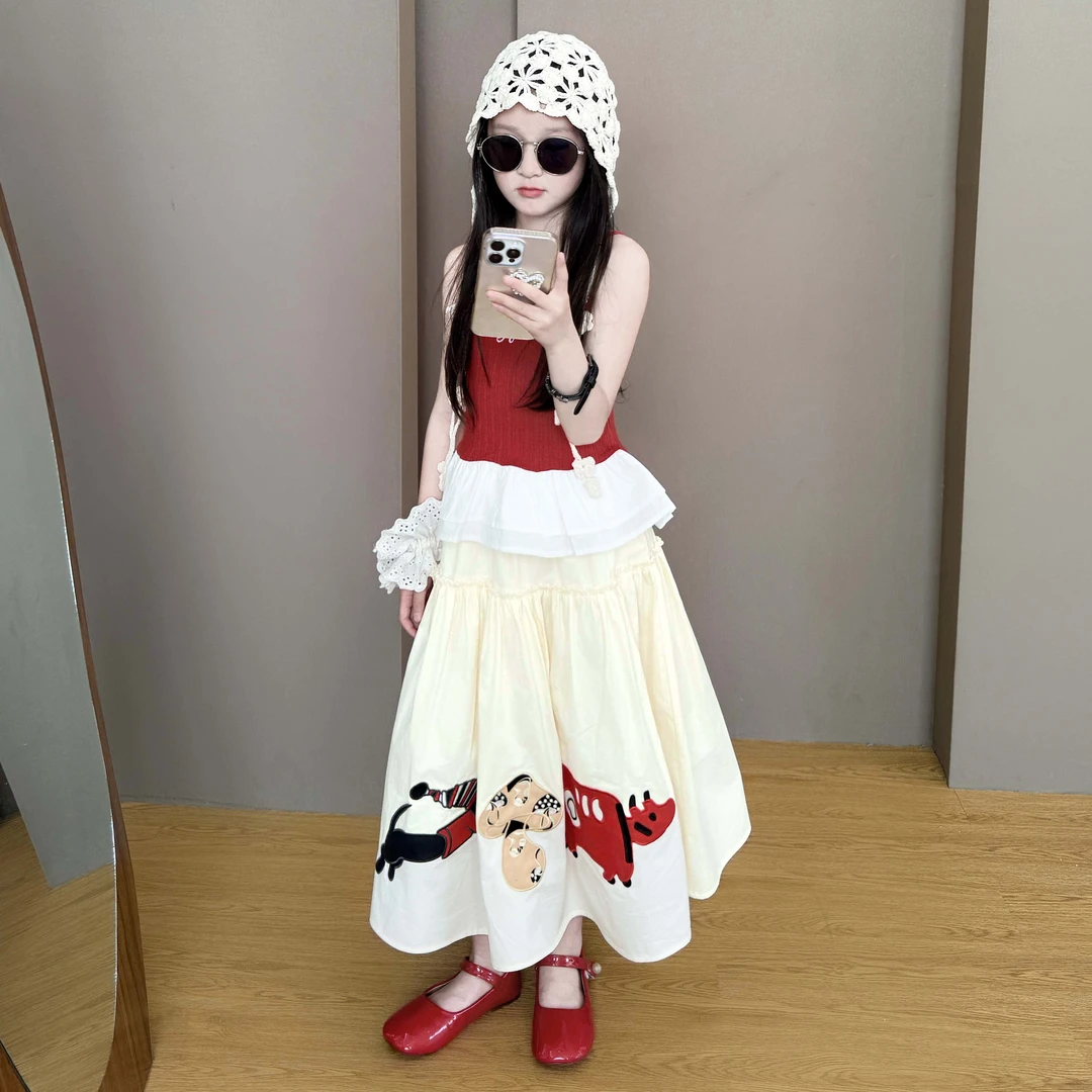 女童半身裙夏装2025新款洋气裙子儿童中大童背心绣花裙公主裙套装