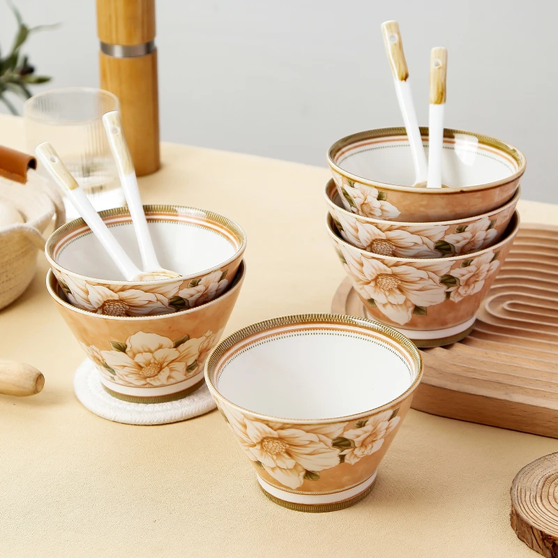 【山茶花】高温陶瓷餐具家用5英寸斗笠碗勺子组合