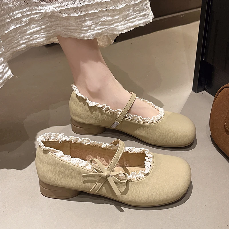 可爱洛丽塔蝴蝶结单鞋女春夏低粗跟圆头百搭一脚蹬低跟玛丽珍女鞋