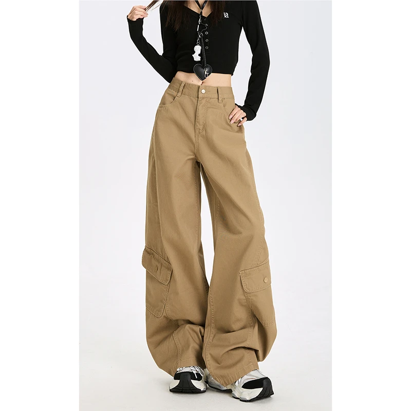 卡其色美式高街辣妹弯刀裤女2025秋季时尚百搭多口袋阔腿工装裤潮