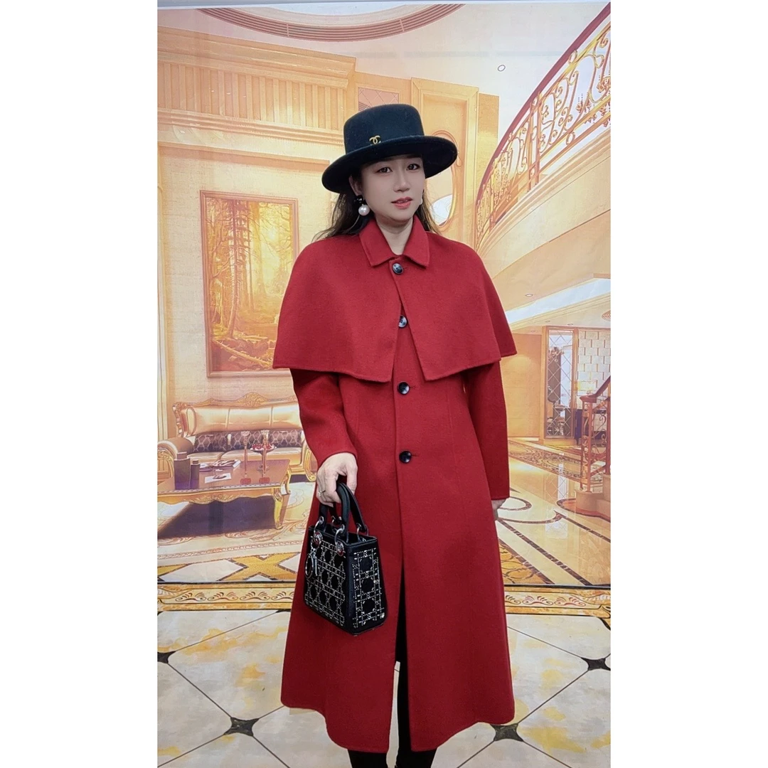 98302秋冬新款可拆卸披肩斗篷双面呢羊毛大衣女两穿收腰长款外套