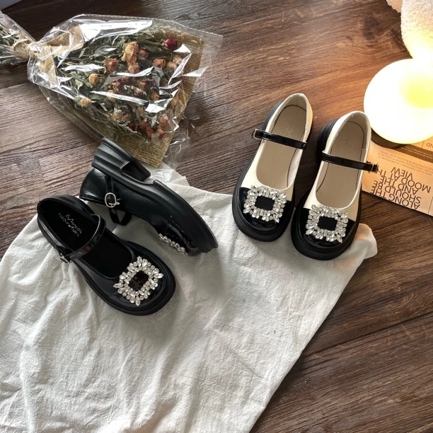 【平底巴洛克】矮跟平跟百搭夏季圆头方钻一字扣带玛丽珍单鞋