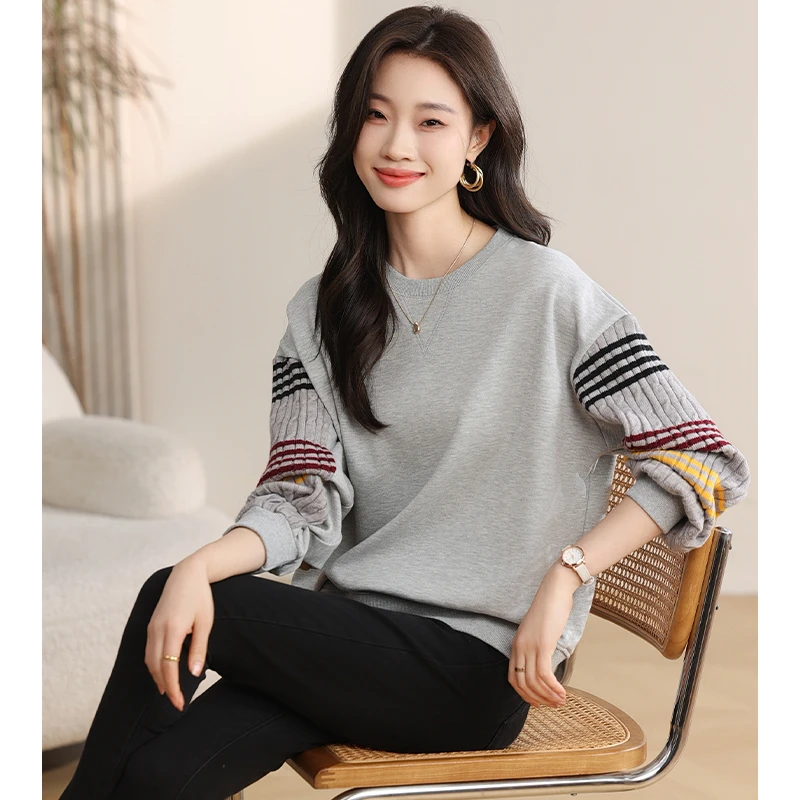 2025圆领卫衣秋冬针织拼接宽松慵懒风套头百搭休闲长袖保暖上衣女