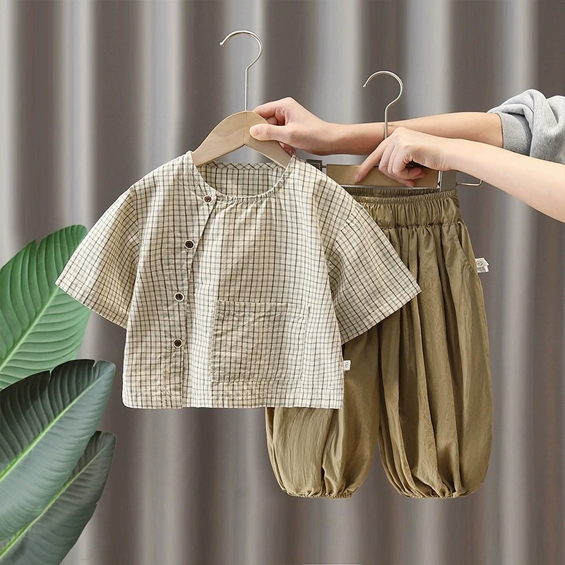 男童格子衬衫套装夏季2025新款儿童短袖灯笼裤两件套夏款潮牌衣服