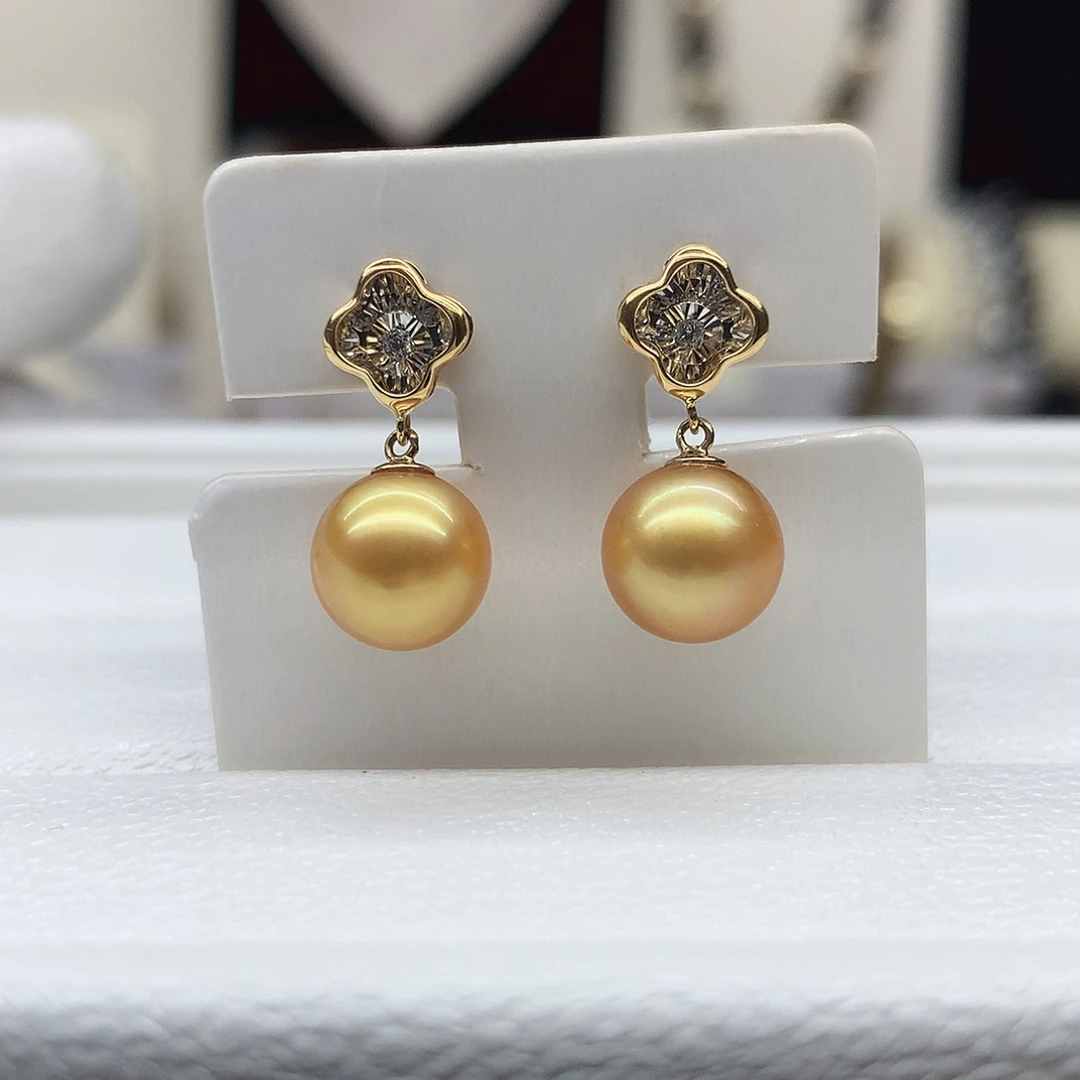 18K金镶嵌海水珍珠耳饰8.4mm金珠耳坠