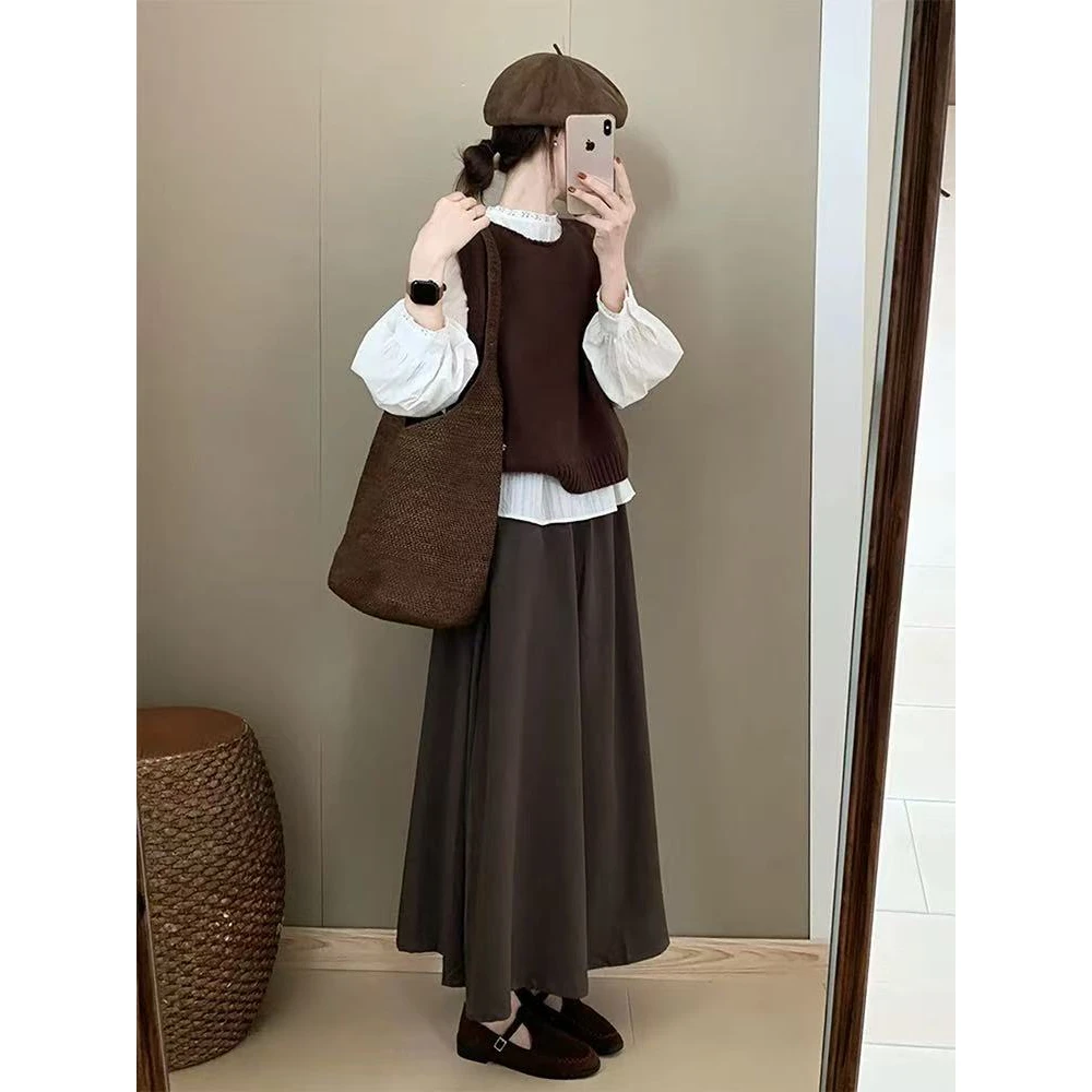 2025秋季美拉德穿搭一整套轻奢高级感巨好看减龄棕色马甲衬衫套装