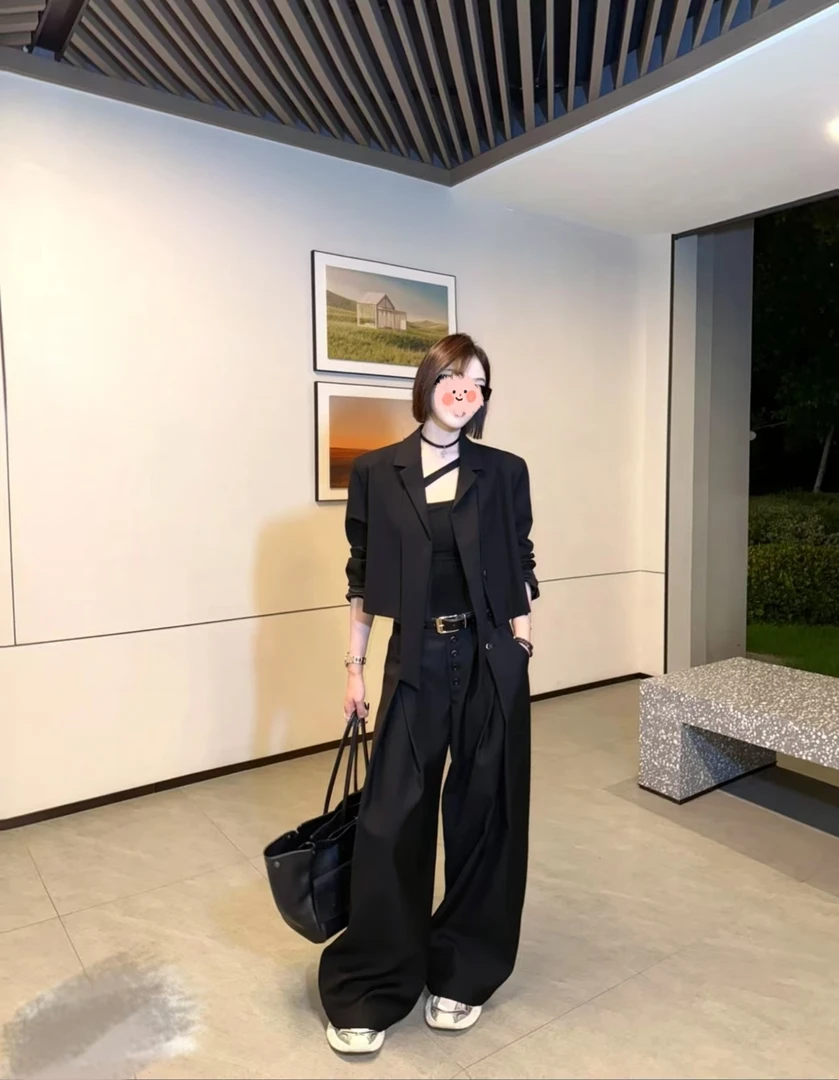 秋季新款小众设计感小个子西服百搭气质短裤西装外套直筒阔腿裤