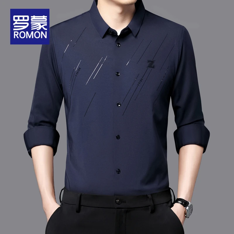罗蒙春季男士长袖衬衫男春秋男装高级感轻奢商务无痕休闲衬衣男款