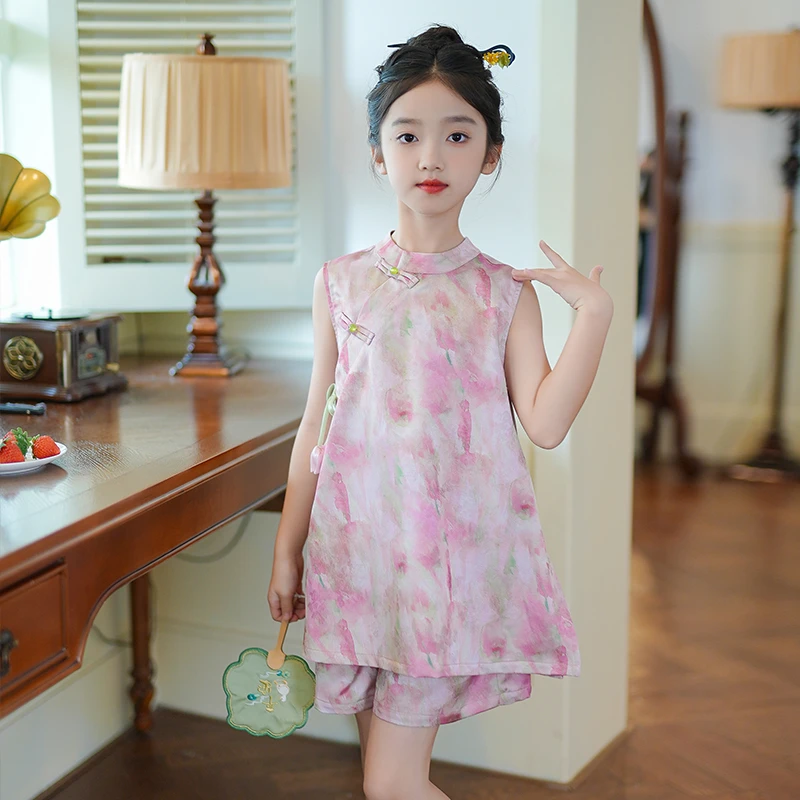 53881【国色芳华】新中式国风女童汉服盘扣无袖背心2025新款套装