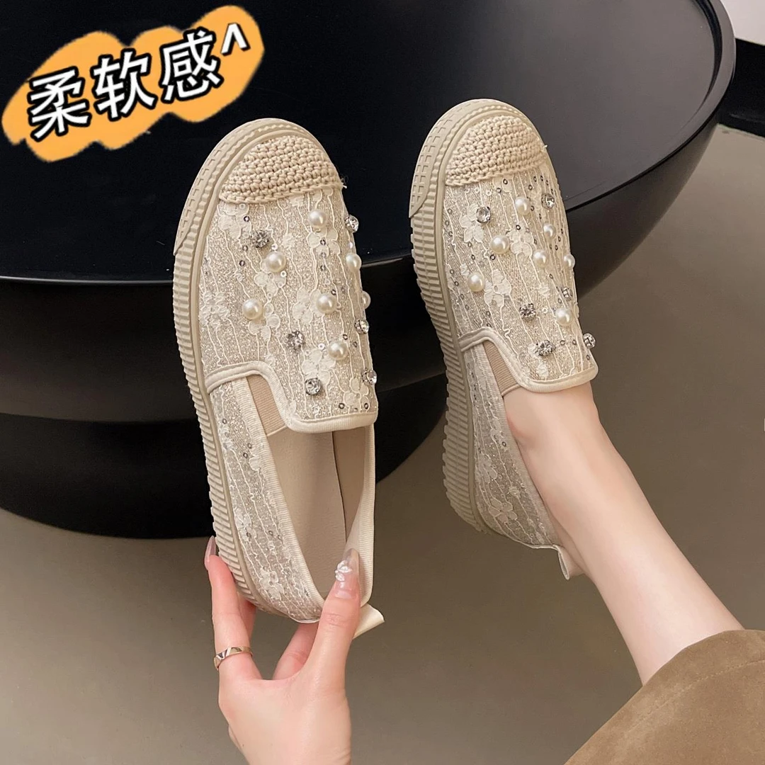 PinkAvril小香风渔夫鞋女2025新款春夏蕾丝网面乐福鞋一脚蹬配裙