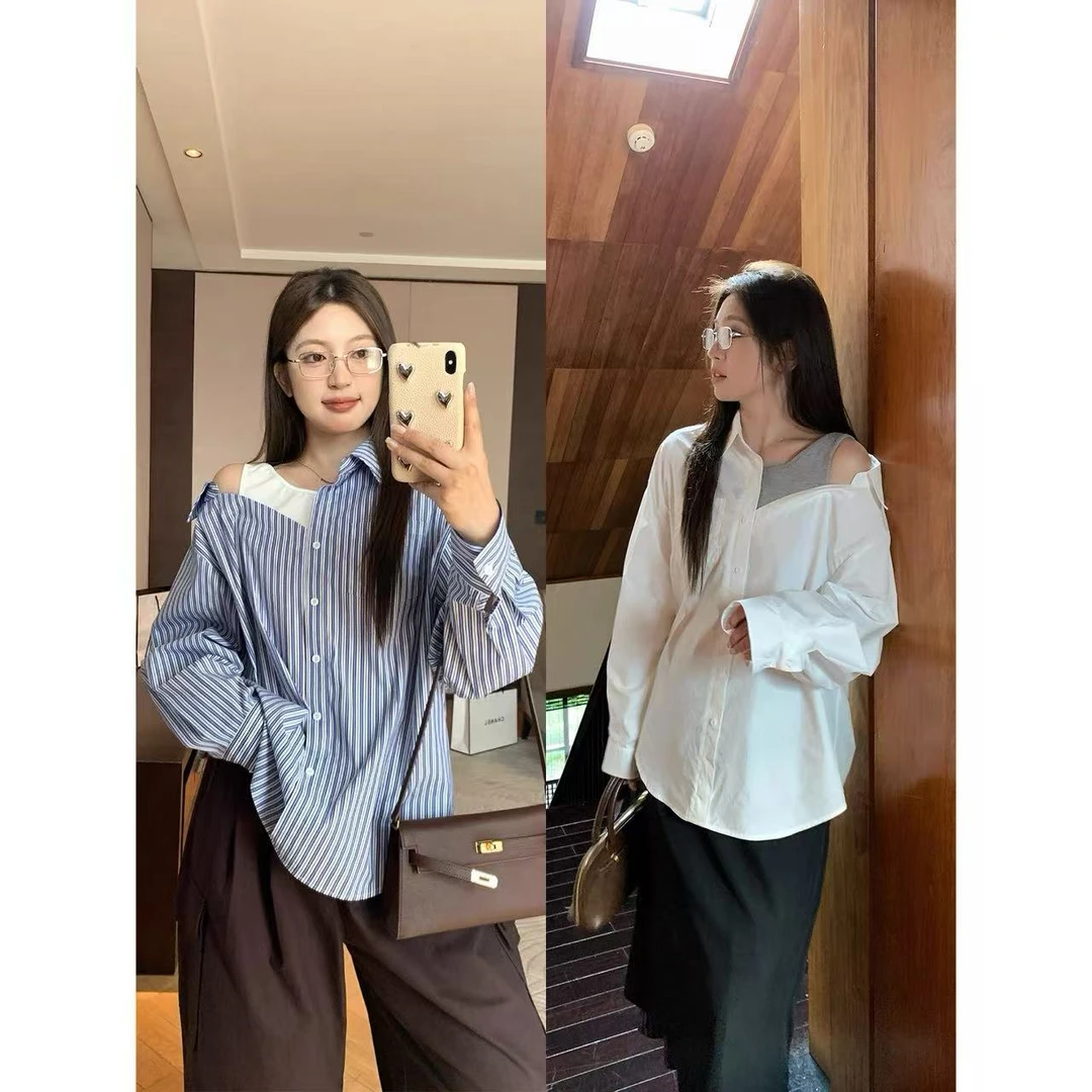 【现货秒发-NAZ佳怡微胖大码定制】设计感假两件露肩宽松衬衫