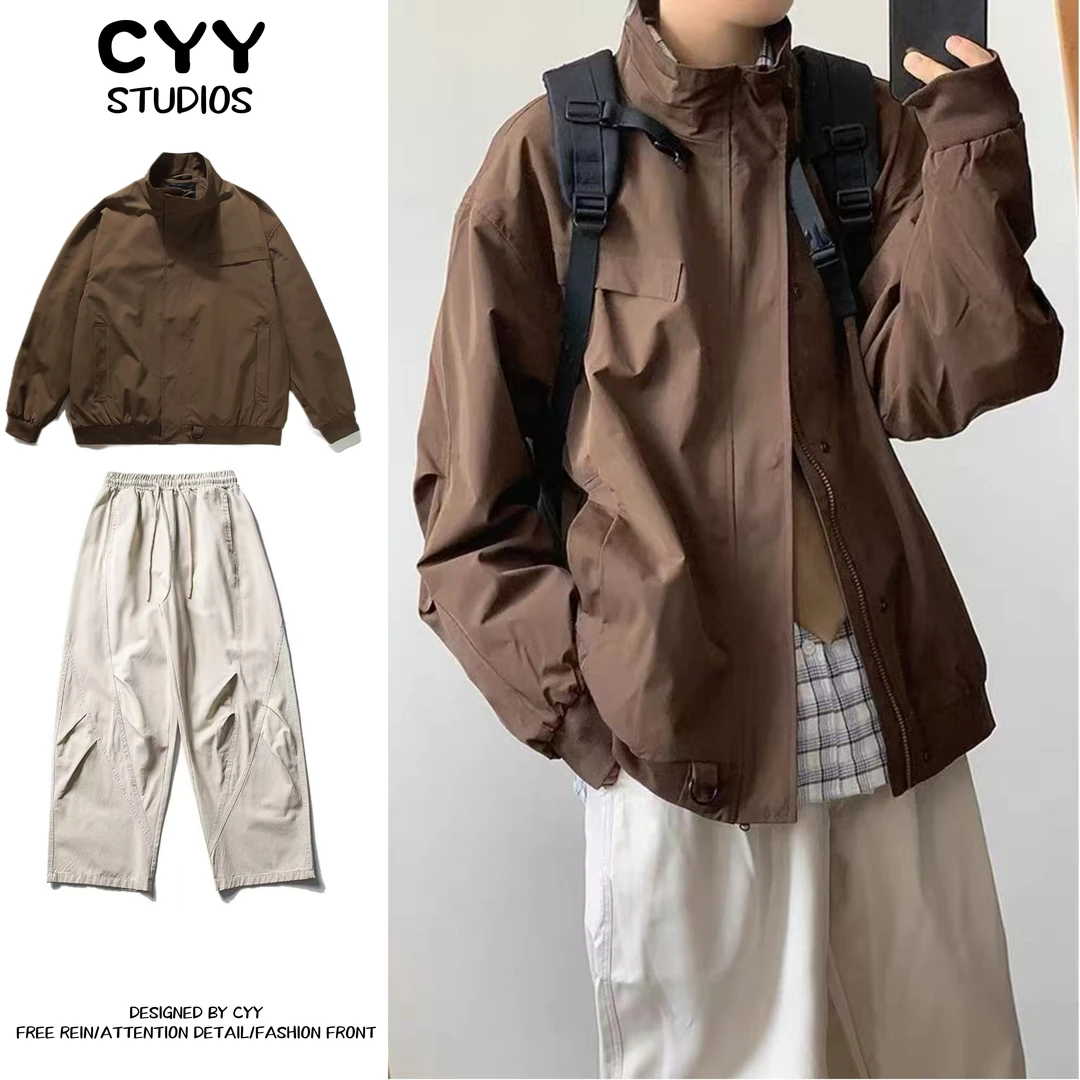 两件装/单件美式拉链美拉德防风立领工装教练飞行夹克外套春秋男