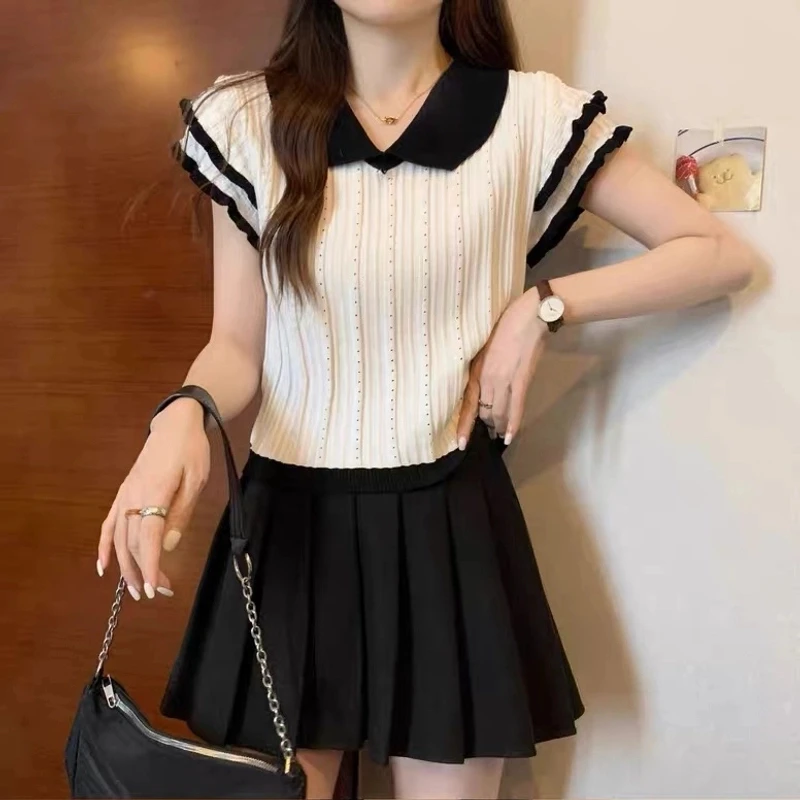 春夏新款娃娃领小飞袖针织短袖女T恤镂空翻领减龄上衣薄款