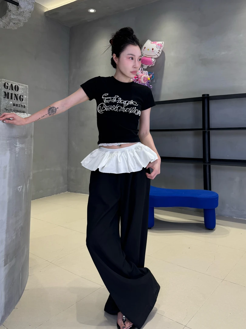 6121蓬蓬裙拼接花边黑色阔腿裤子夏季25新款宽松直筒裤(夏季薄料)