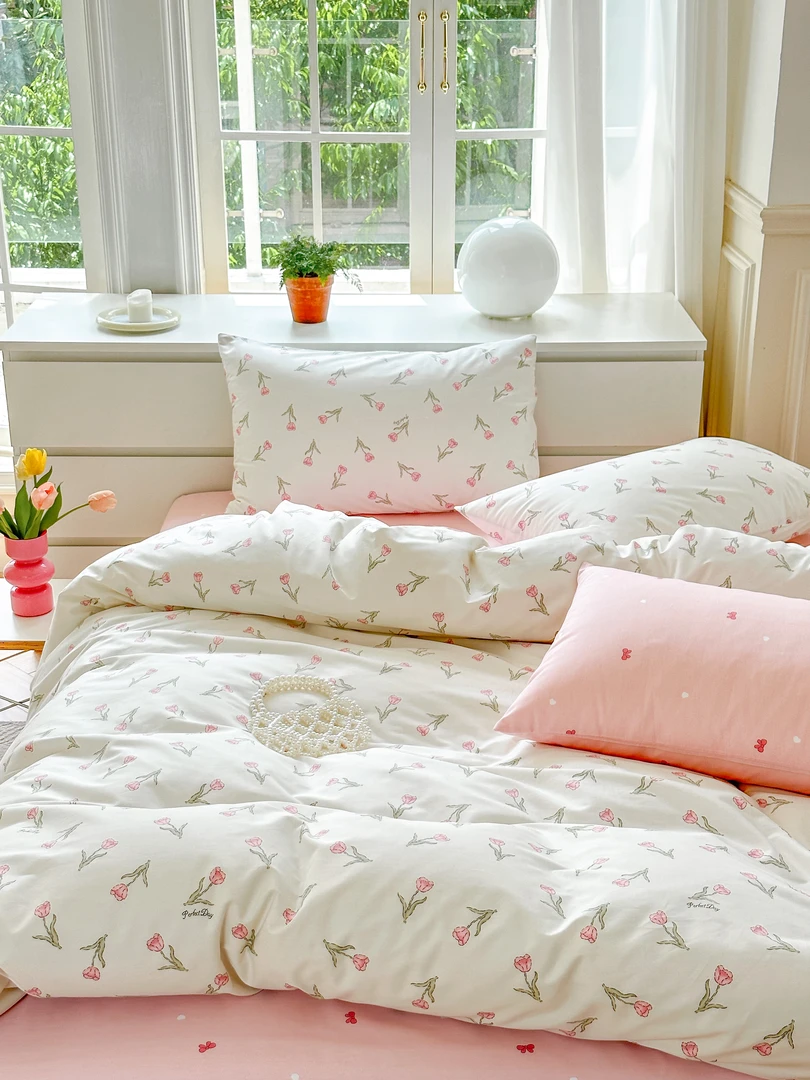 床品套件清新柔软全棉四件套被罩床单被套学生宿舍单人幼儿玫瑰花