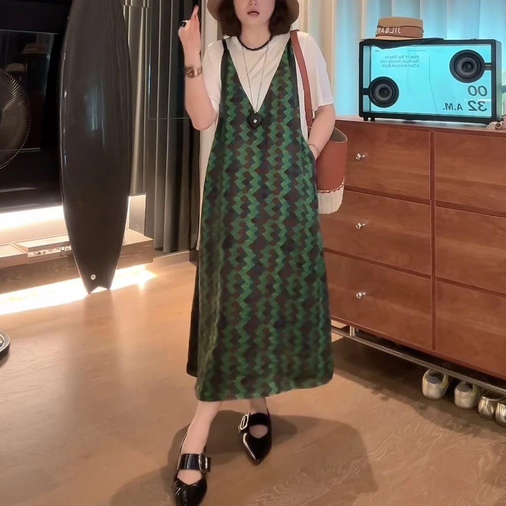 2025夏季新款时尚假两件短袖连衣裙气质宽松显瘦撞色拼接休闲裙子