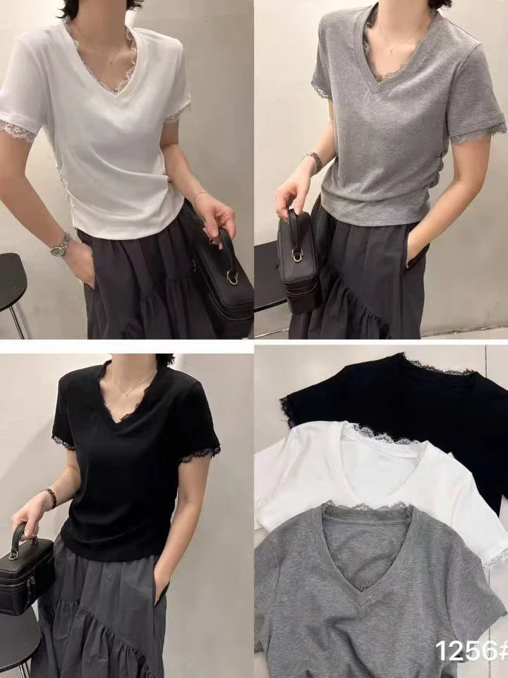 1256 壹彩 睫毛蕾丝V领天思T