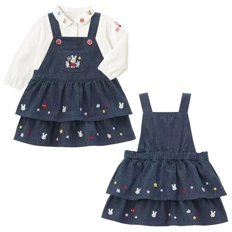 【25秋季新品】女宝卡通可爱小兔花朵满刺绣背带牛仔裙蛋糕裙