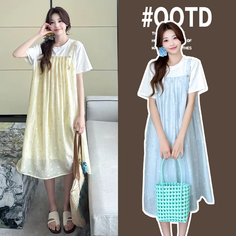 2025夏季新品孕妇装韩版时尚显瘦气质宽松中长款假两件孕妈连衣裙