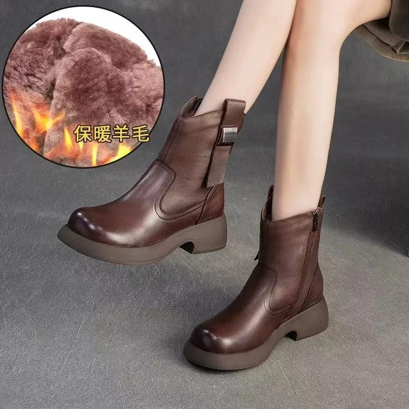5Q902鑫冬季新款头层牛皮复古加绒保暖马丁靴厚底英伦风羊毛短靴