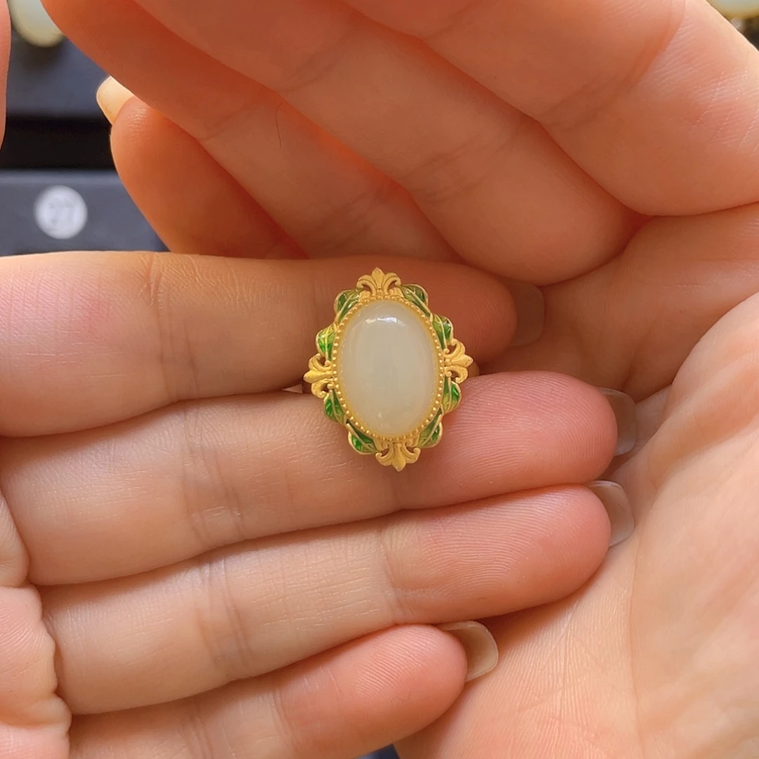 和田玉银S925镀金镶嵌戒指