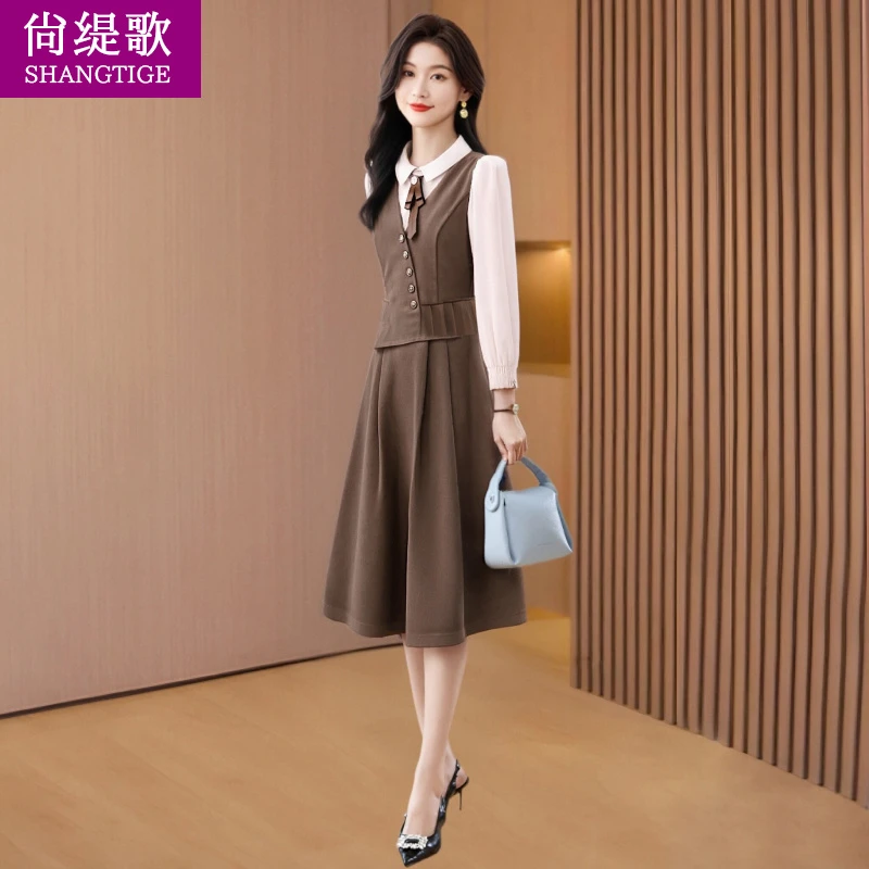 小香风连衣裙女秋轻奢高级感广州十三行重要场合假两件马甲背带裙