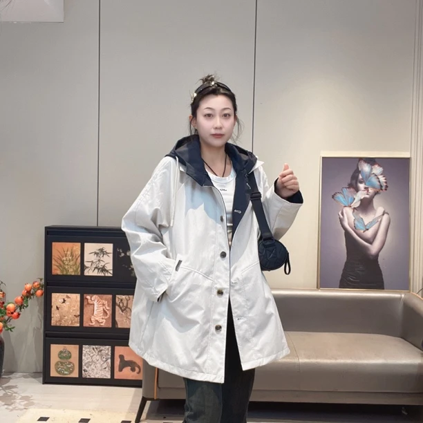 《卉好》休闲时尚连帽宽松百搭潮流2025撞色中长款风衣外套