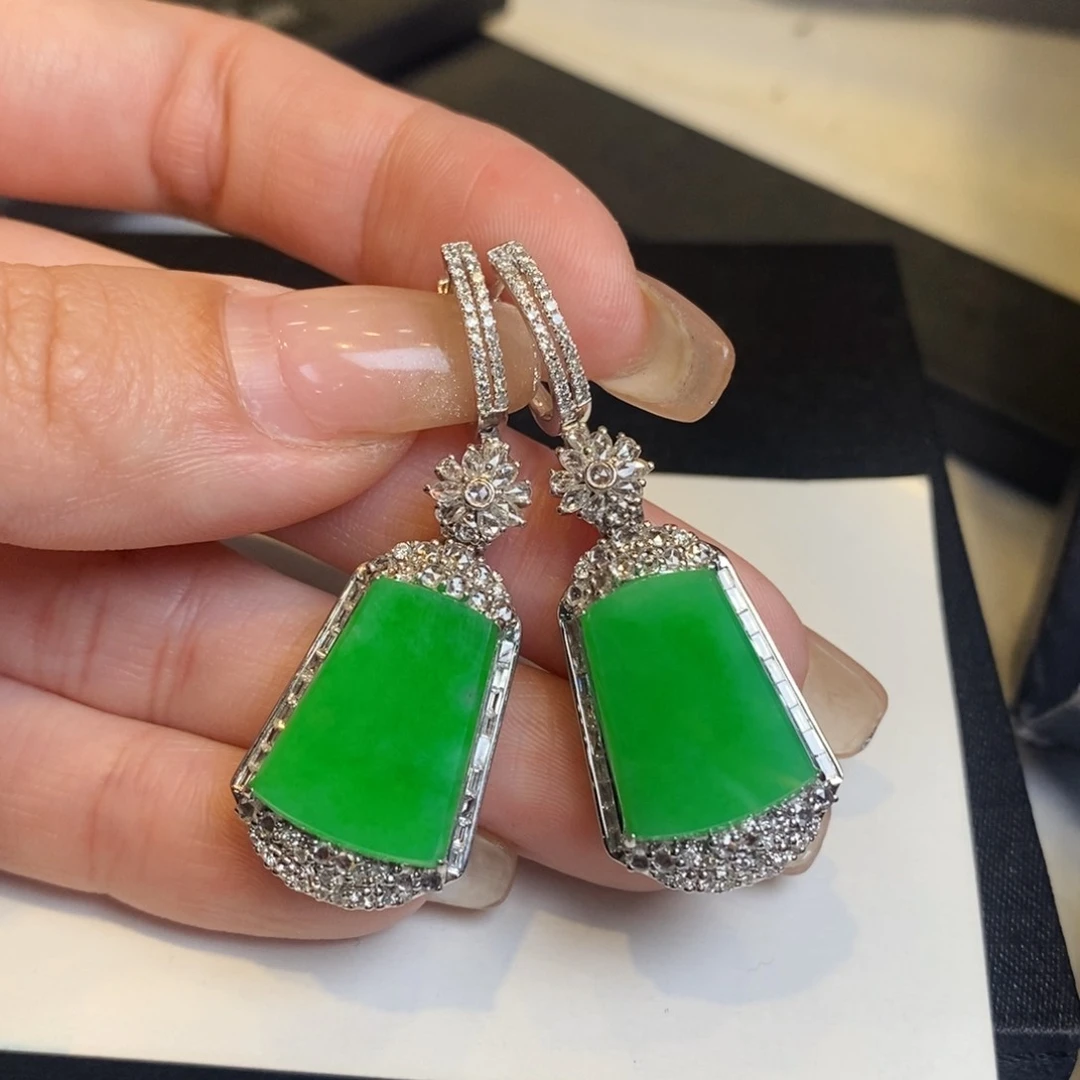 翡翠耳饰18K金镶嵌无事牌耳坠吊坠两用款