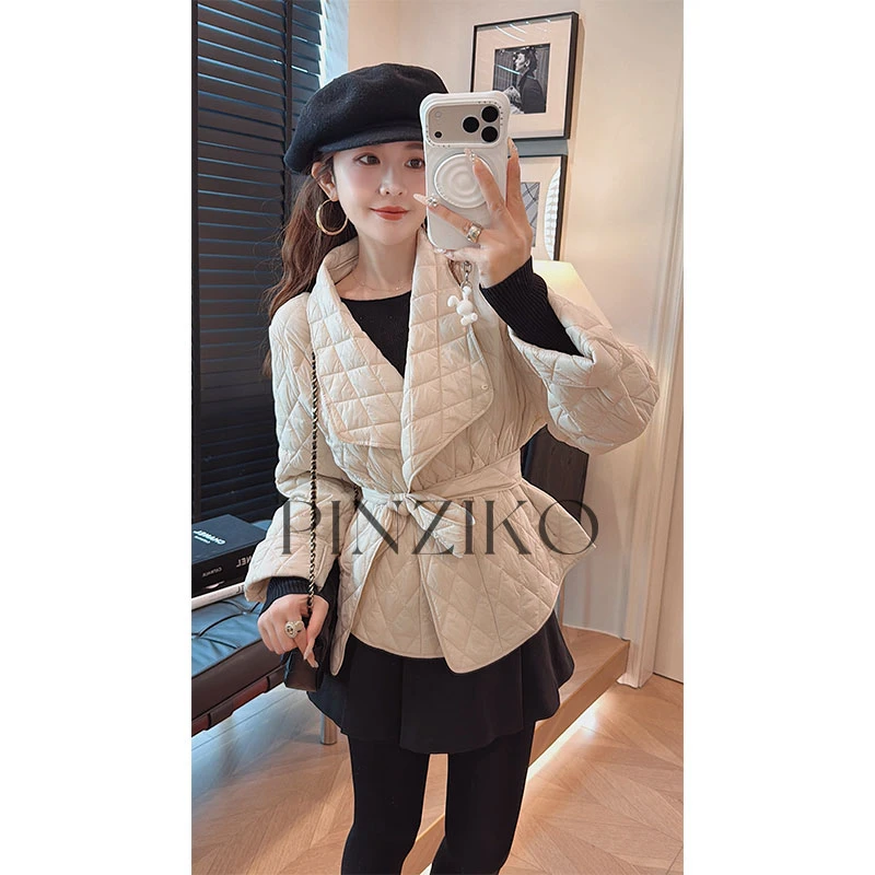 pinziko杏仁豆腐~小个子琥珀流光风大翻领菱格保暖棉服外套TJF424