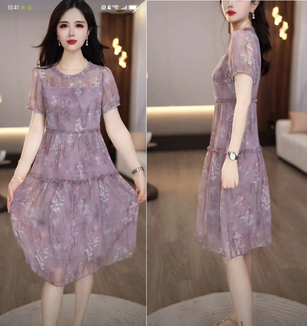 2025夏款低饱和紫色田园风碎花蛋糕裙活力减龄连衣裙M-4XL