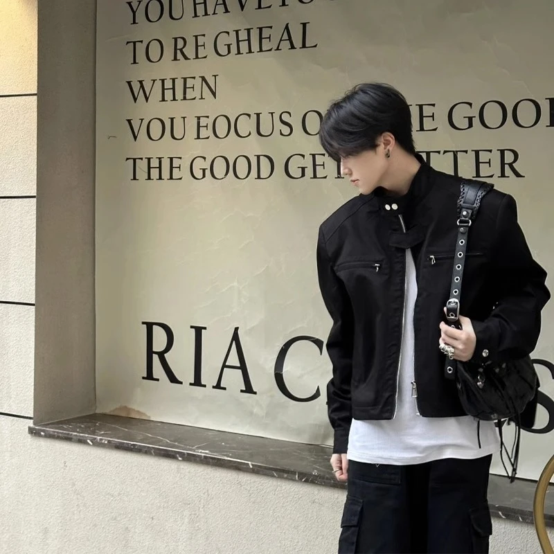 高级感垫肩短款cleanfit外套男款春秋季美式高街潮牌vibe机车夹克