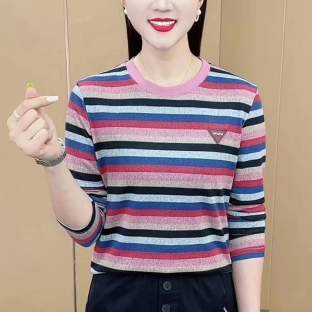 9134#条纹德绒秋冬新款长袖圆领薄绒中老年撞色打底上衣妈妈女装