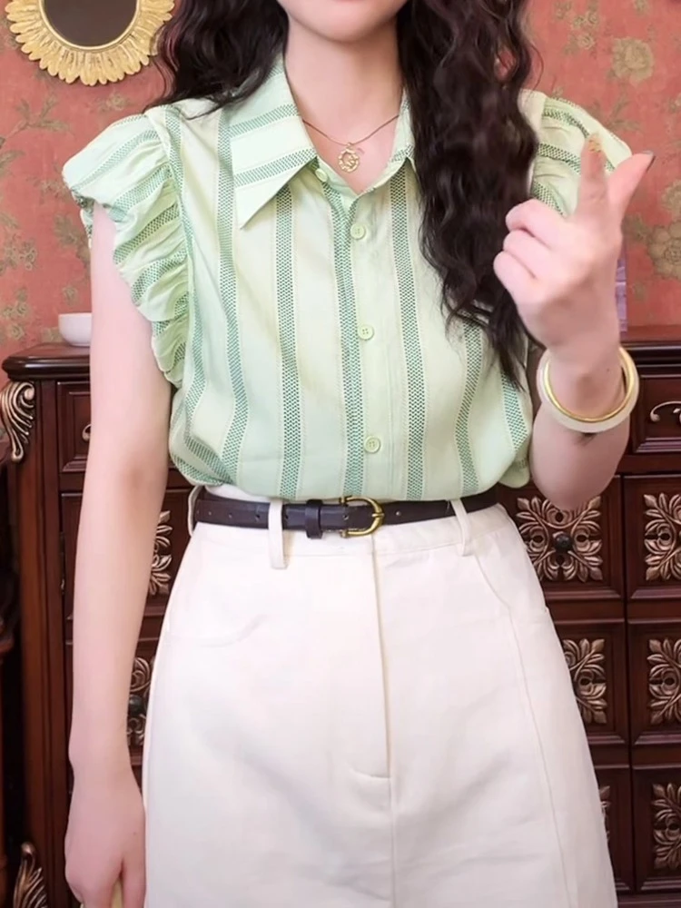 蓝色飞飞袖上衣女装短袖衬衫夏季法式小众别致绝美独特气质小清新