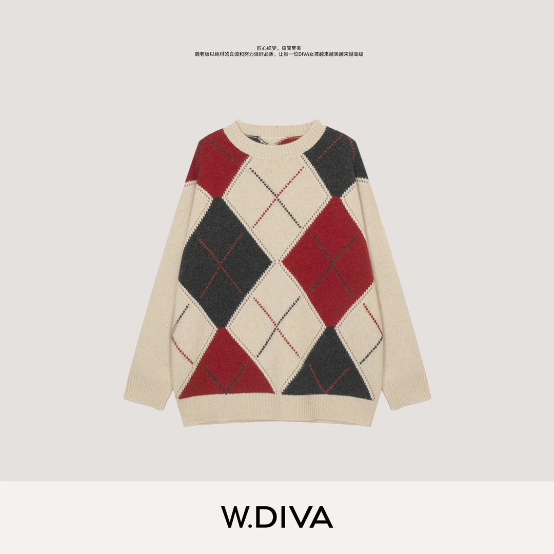 W.Diva【彩格】95活挠山羊绒英伦复古菱格纹圆领羊绒衫女54Z242740