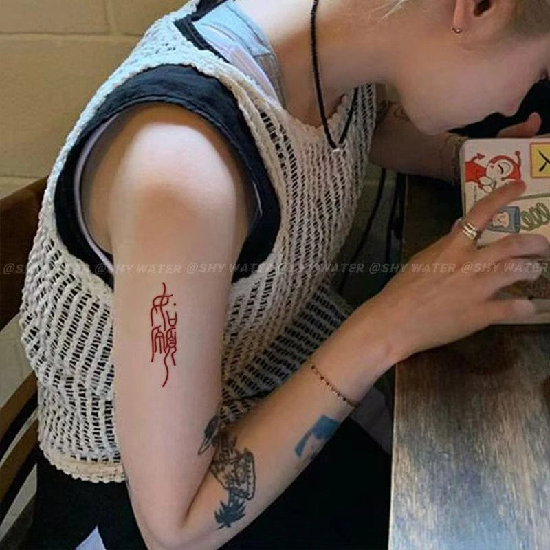 LY爆款彩色如愿红色中文手腕遮疤防水持久高颜值小清新彩绘纹身贴