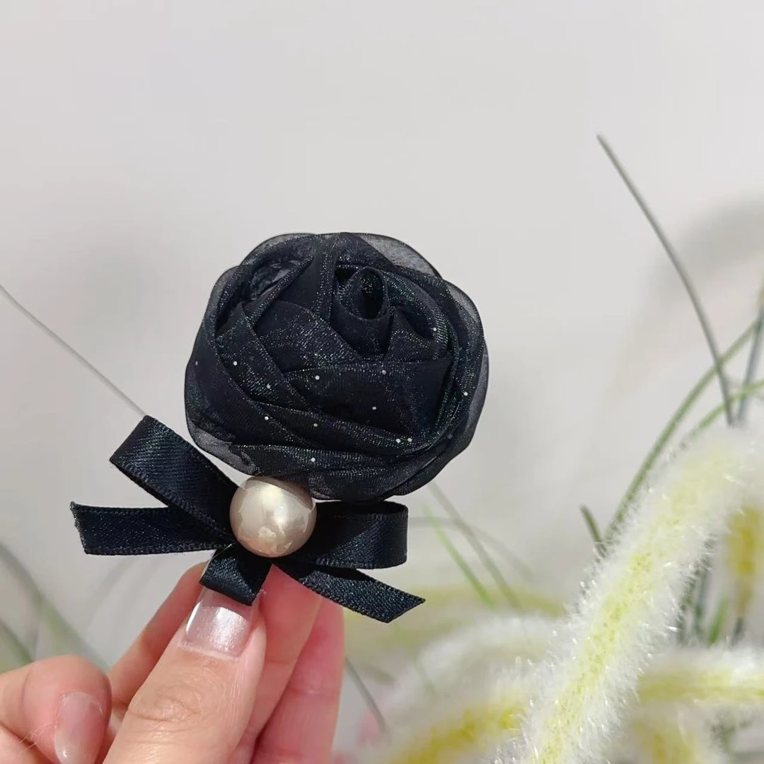【黑巴克】韩国纱手工贝珠玫瑰鸭夹