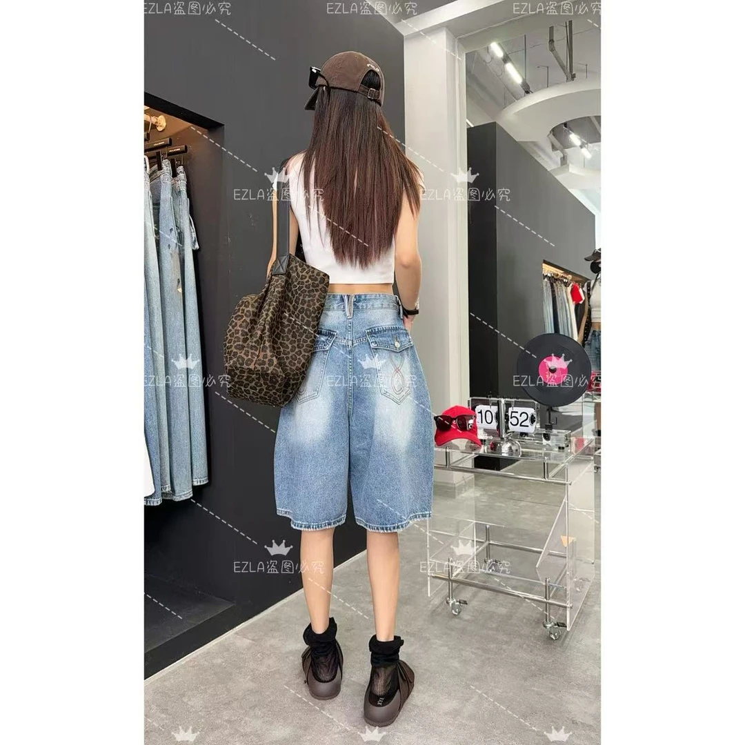 EZ8582 夏季新款翻盖设计短裤显瘦无弹水洗软牛仔六分裤休闲百搭