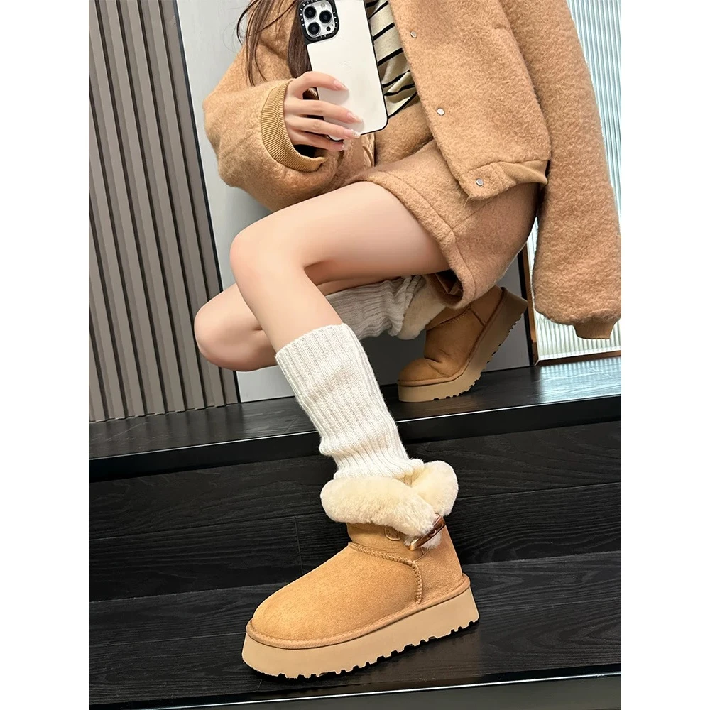 桑坡雪地靴_皮毛一体牛角扣厚底秋冬雪地靴真毛2024新款加厚冬季