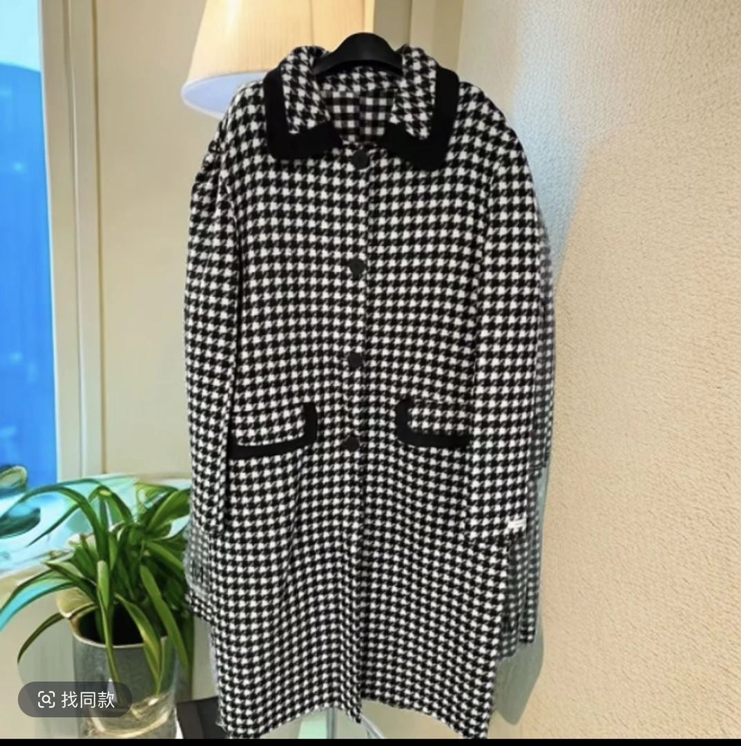 2025新款千鸟格双面羊毛大衣气质长款韩版22218