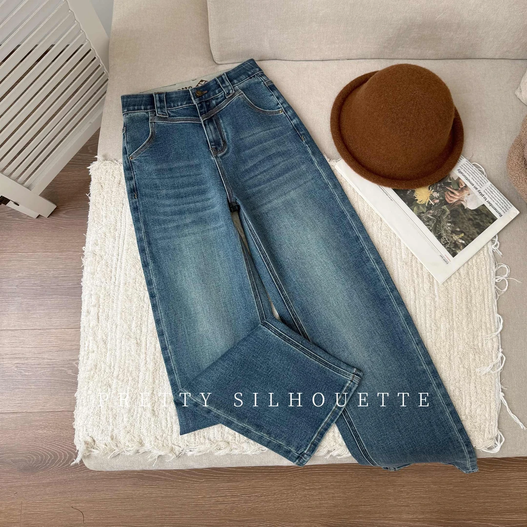 Pretty Silhouette/若纤早秋新款修身牛仔裤女【海蓝色】窄版直筒裤